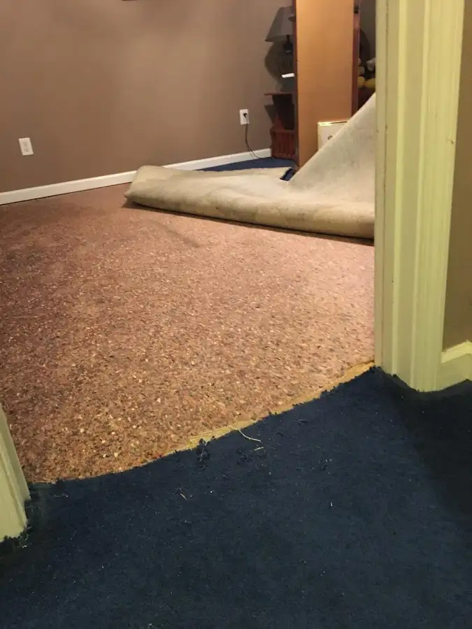 Carpet pad removal revealing water damage during Drying & Dehumidification in Harrietstown
