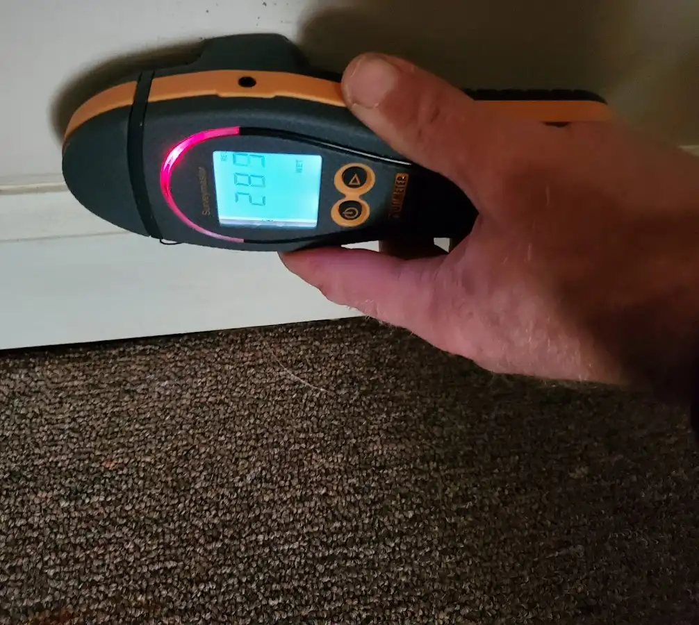 Moisture detection at baseboard during Storm Damage Restoration in Harrietstown